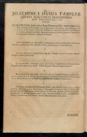 Joachimi I. Huius Familiae Quinti Electoris Brandenburgici Posteritas