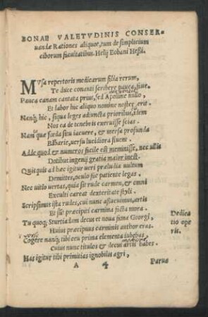 Bonae Valetudinis Conservandae Rationes aliquot, tum de simplicium ciborum facultatibus. Helii Eobani Heßi.