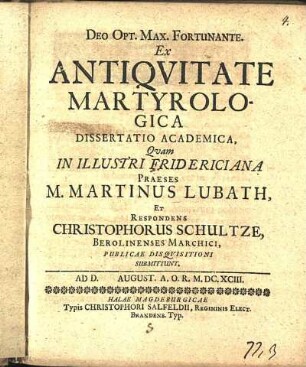 Ex Antiqvitate Martyrologica Dissertatio Academica