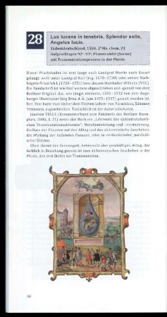Lux lucens in tenebris, Splendor solis, Angelus lucis. Südostdeutschland, 1584, 2° Ms. chem. 21