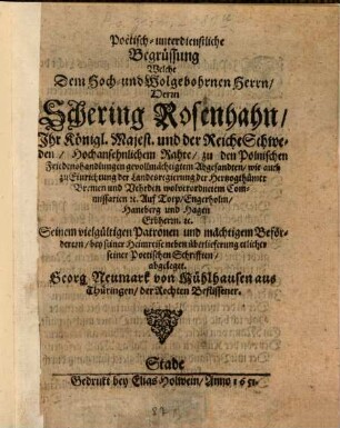 Poetisch-unterdienstliche Begrüßung Welche dem ... Herrn Schering Rosenhahn ... bey seiner ... Heimreise ... abgeleget