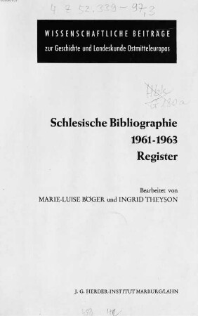 Schlesische Bibliographie, 1961/63,3. Register