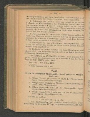 Tarif für die im Stadtgebiet Fürstenwalde (Spree) gelegenen Ablagen, und zwar: