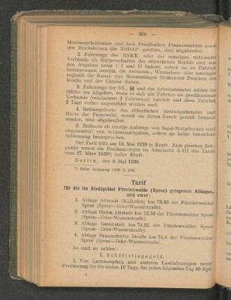 Tarif für die im Stadtgebiet Fürstenwalde (Spree) gelegenen Ablagen, und zwar: