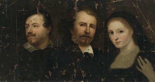 Gruppenbildnis, zwei bätige Männer und eine junge Frau darstellen