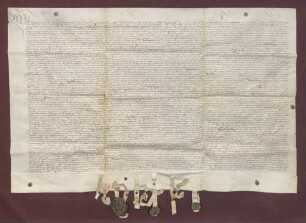 Vergleich zwischen Markgraf Philipp von Hachberg-Sausenberg und der Stadt Basel wegen verschiedenen Anständen, namentlich wegen Grenzen, Gerichtsbarkeit, Kirchensatz, Bannwart, Fischerei etc. zu Kleinhüningen etc.
