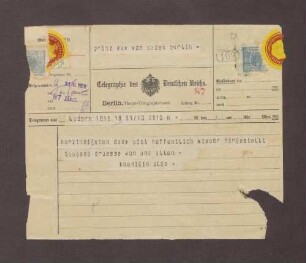 Telegramm von Königin Olga [Konstantinowna Romanowa] an Prinz Max von Baden; Wünsche zur gesundheitlichen Besserung