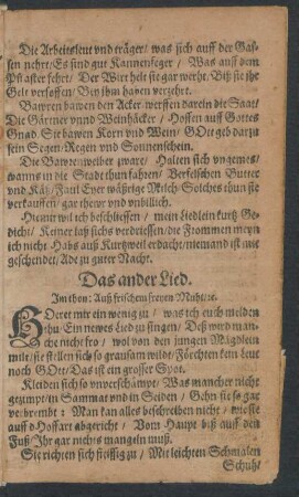 Das ander Lied. || Jm thon: Auß frischem freyen Muht/ . ||