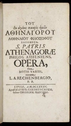 Tu en agiois patros ēmōn Athēnagoru Athēnaiu Philosphu Sōzomena