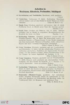 Arbeiten in Buxbaum, Elfenbein, Perlmutter, Schildpatt (Nr. 400-421)