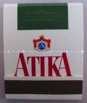 Streichholzbriefchen mit Werbeaufdruck für "Atika"-Zigaretten
