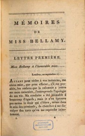 Mémoires De Miss Bellamy, célèbre Actrice de Londres : Traduits De L'Anglais. 1