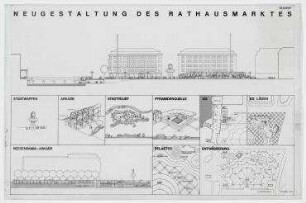 Städtebaulicher Ideenwettbewerb Neugestaltung des Hamburger Rathausmarktes (nicht realisiert) – Schnittansichten, Pflasterplan, Grundrisse EG, UG, Entwässerung, Detailansicht. Hamburg, Rathausmarkt