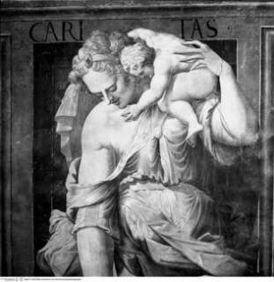Landschaftsdarstellungen, Personifikationen der Tugenden und zwei Imperatorenmedaillons, Caritas, flankiert von zwei Atlanten