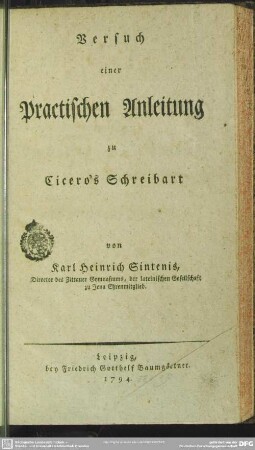 Versuch einer Practischen Anleitung zu Cicero's Schreibart