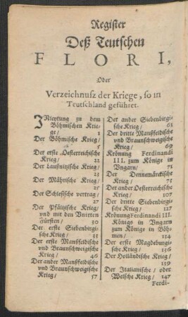Register Deß Teutschen Flori, Oder Verzeichnusz der Kriege, so in Teutschland geführet
