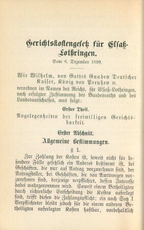 Gerichtskostengesetz für Elsaß-Lothringen. Vom 6. Dezember 1899