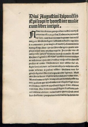 Divi Augustini Hiponensis Episcopi de honestate mulierum liber incipit.