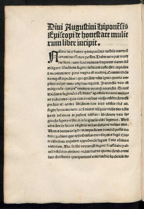 Divi Augustini Hiponensis Episcopi de honestate mulierum liber incipit.