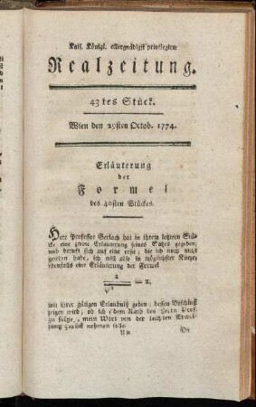 43tes Stück. Wien den 29sten Octob. 1774.