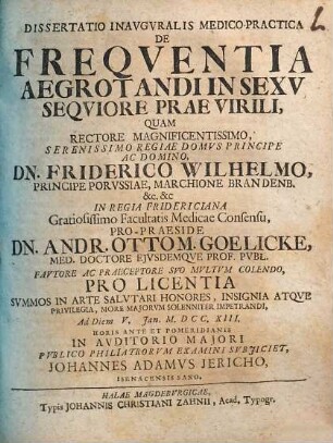 Dissertatio inauguralis medico-practica De frequentia aegrotandi in sexu sequiore prae virili