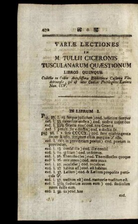 Variae Lectiones in M. Tullii Ciceronis Tusculanarum Quastionum. Libros Quinque.