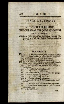 Variae Lectiones in M. Tullii Ciceronis Tusculanarum Quastionum. Libros Quinque.