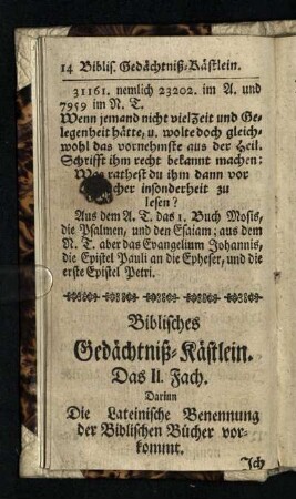 Das II. Fach. Darin Die Lateinische Benennung der Biblischen Bücher vorkommt