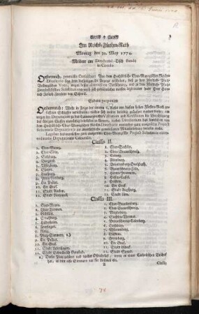Im Reichs-Fürsten-Rath Montag den 30. May 1774. Meldete am Directorial-Tisch stando in Circulo