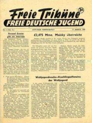 Mitteilungsblatt der Jugendorganisation der deutschen Emigranten in Großbritannien "Freie Tribüne" u.a. zur Übergabe einer Spende deutscher Emigranten an die Sowjetunion