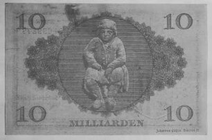 Zehn-Milliarden-Schein der Stadt Dresden vom 24.X.1923. Rückseite mit Abbildung des "Brückenmännchens" (vermutlich Bildnis Matthäus Focius) der ehemaligen Augustusbrücke im Guillocherahmen