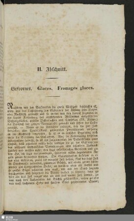II. Abschnitt. Gefrornes. Glaces. Fromages glaces