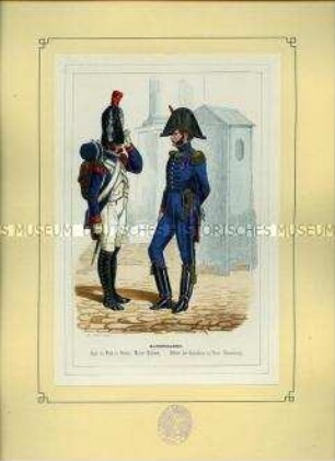 Uniformdarstellung, Jäger des Jäger-Regiments zu Fuß und Offizier des Grenadier-Regiments zu Fuß der Kaisergarde, Frankreich, 1804. Aus: Bellangé: Die Soldaten der französischen Republik und des Kaiserreichs.