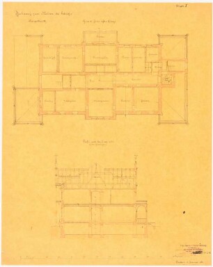 Schloss Romolkwitz: Grundriss 1.Obergeschoss, Schnitt, Maßstabsleiste