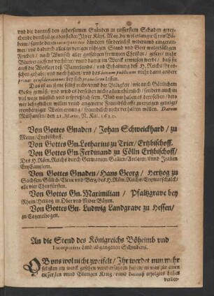 An die Stend des Königreichs Böheimb und Incorporirte Land/ abgangenen Schreibens.