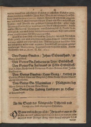 An die Stend des Königreichs Böheimb und Incorporirte Land/ abgangenen Schreibens.