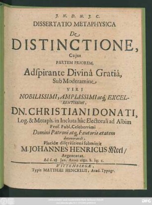 1: Dissertatio Metaphysica De Distinctione