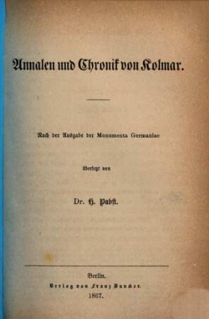 Annalen und Chronik von Kolmar : nach der Ausgabe der Monumenta Germaniae