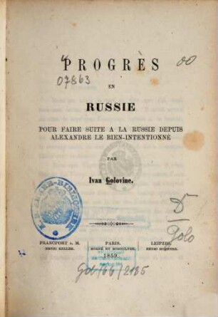 Progrès en Russie pour faire suite à la Russie depuis Alexandre Le Bien-Intentionné
