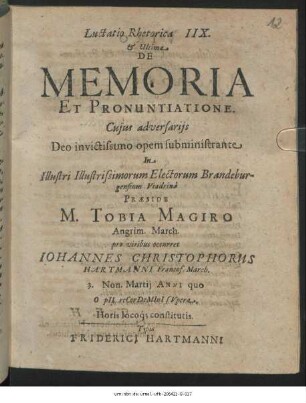 Luctatio Rhetorica IIX. & Ultima De Memoria Et Pronuntiatione