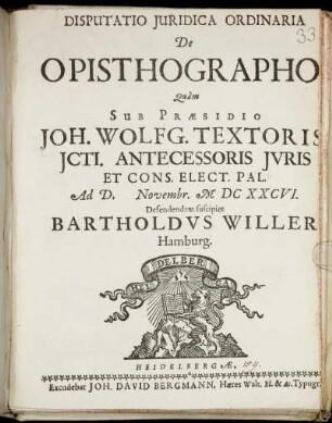 Disputatio Iuridica Ordinaria De Opisthographo