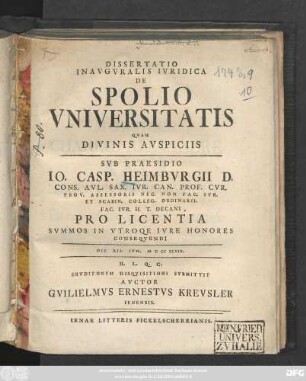 Dissertatio Inavgvralis Ivridica De Spolio Vniversitatis