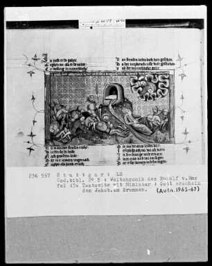 Weltchronik des Rudolf von Ems — Textseite mit zwei Miniaturen, Folio 43verso