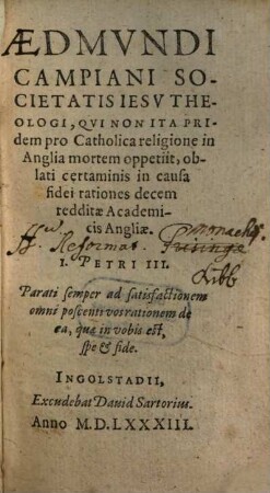 Rationes 10 quibus fretus certamen Anglicanae Eccl. Ministris obtulit in causa fidei