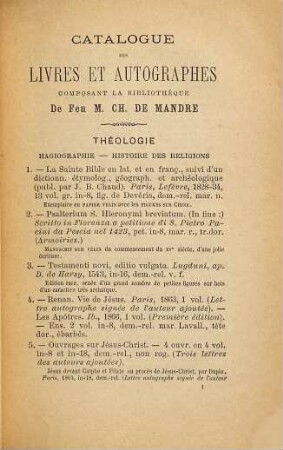 Catalogue des livres et autographes composant la bibliothèque de feu M. Ch. de Mandre : [Charles de Mandre]
