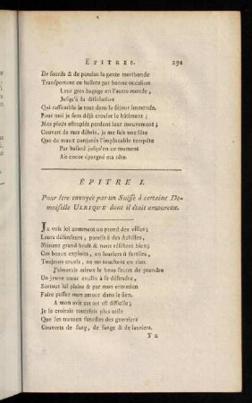 291-299, Epitre I. Pour être envoyée par un Suisse à certaine Demoiselle Ulrique dont il était amoureux. - Epitre IV. D'un Suisse.
