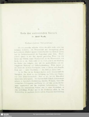 II. Rede des antretenden Rektors Dr. Adolf Wach