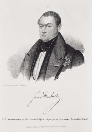Porträt Johannes von Minckwitz (1787-1857; Außenminister). Steindruck von C. Lutherer (mit Schrift); 205 x 145 mm. Vor 1850. Dresden: Kupferstich-Kabinett B 1605,2