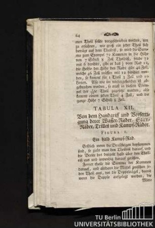 Tabula XII. Von dem Handgriff und Verfertigung derer Wasser-Räder, Stirn-Räder, Trilles und Kampf-Räder.