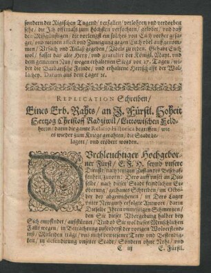 Replication Schreiben/ Eines Erb. Rahts/ an J. Fürstliche Hoheit Hertzog Christoff Radziwil ...